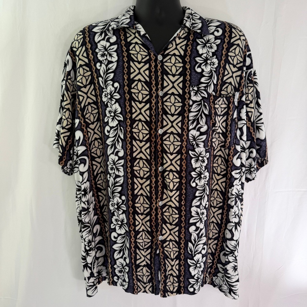 Koko Knot Mens Floral Tribal Geometric Camp Shirt Black Tan Button Down White XL